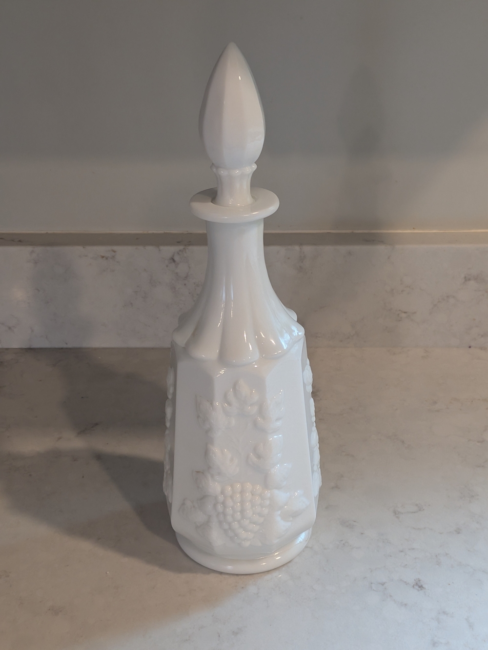Vintage 2007s White Milk Glass Decanter 13" With Stopper and  Grape Motif